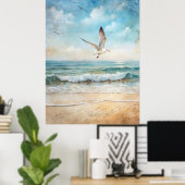 ビーチ飛んでいるのカモメ ポスター (ホームオフィス)