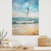 ビーチ飛んでいるのカモメ ポスター (キッチン)
