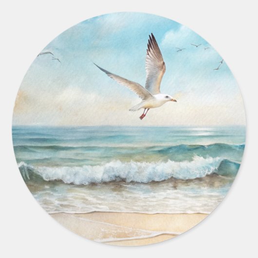 ビーチ飛んでいるのカモメ ラウンドシール (正面)