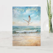 ビーチ飛んでいる誕生日カードのカモメ カード (正面)
