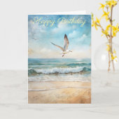 ビーチ飛んでいる誕生日カードのカモメ カード (黄色い花)
