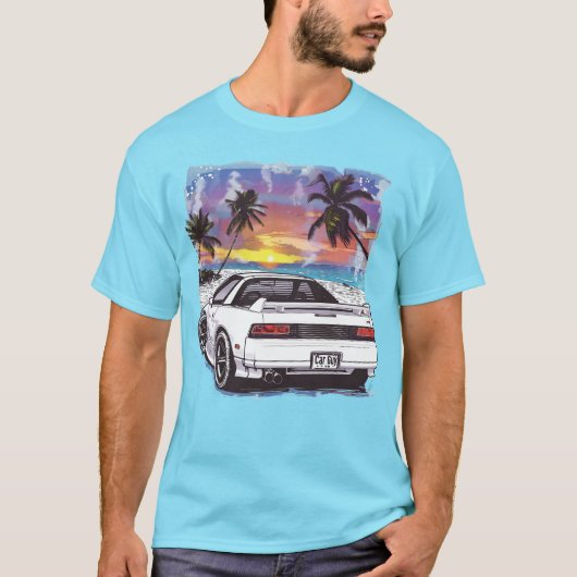 ビーチ1980sホワイトスポーツカー10代のガースレースカー tシャツ (正面)