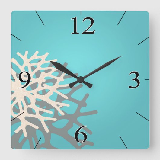 ビーチ|のブルーグレーのアイボリーの珊瑚 スクエア壁時計 (正面)