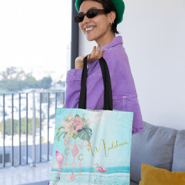 ビーチ オーシャン フラミンゴ ジュエル プレティー ピンク トートバッグ