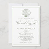 ビーチ シェル エレガント ホワイト セージグリーン ウェディング 招待状 (正面)