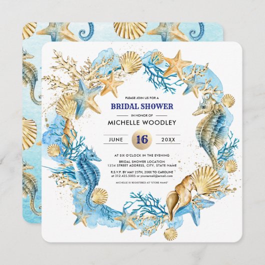 ビーチ |シーサイドシーシェルブライダルシャワー 招待状 (正面/裏面)