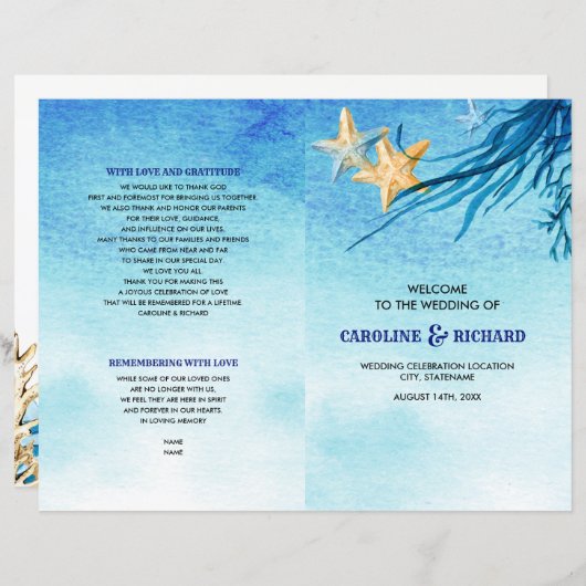 ビーチ |シーサイド・ウォーター結婚・カラーの折り畳みプログラム (正面/裏面)