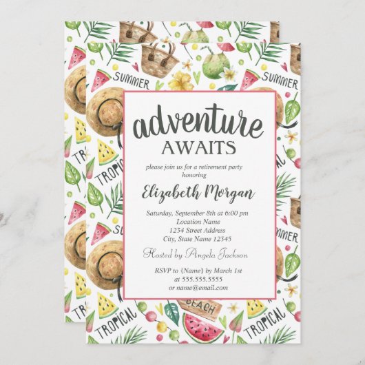 ビーチ、スイカ退職パーティー 招待状 (正面/裏面)