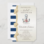 ビーチ、ネイビーロープ、いかりストライプブライダルシャワー 招待状 (正面)