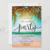 ビーチ、パーム、太陽、ストリングライトのスクリプトエンゲージメント 招待状 (正面)