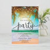ビーチ、パーム、太陽、ストリングライトのスクリプトエンゲージメント 招待状 (スタンド正面)