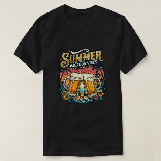 ビーチ ビールと夕日 - 夏の休暇パーティー Tシャツ (デザイン正面)