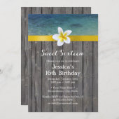 ビーチ&フランギパニフラワーウッドバックグラウンドスウィート16 招待状 (正面/裏面)
