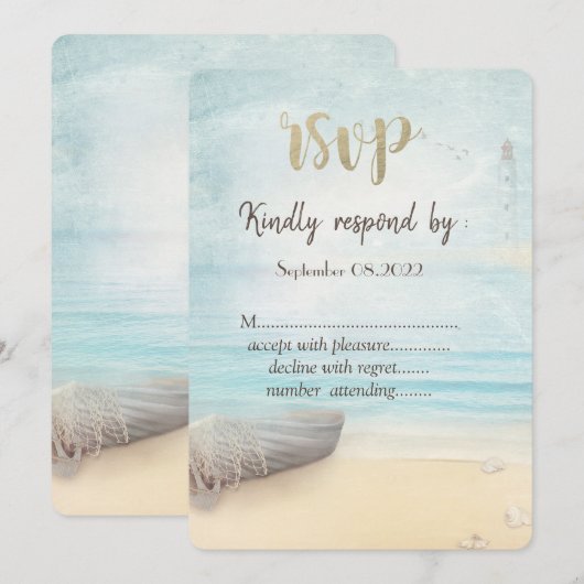 ビーチ ボート 灯台 出席連絡 招待状 (正面/裏面)