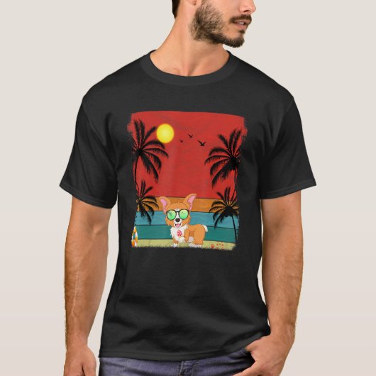 ビーチ ヤシの木 レトロ グラフィック コーギー 犬 夏 Tシャツ (正面)