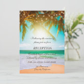 ビーチ、ヤシの木、太陽、ストリングライト、スクリプトの披露宴 招待状 (スタンド正面)