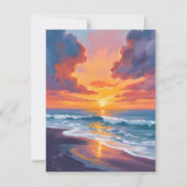 ビーチ 日没 水彩画 海の絵 ポストカード (正面)