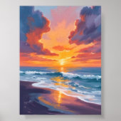 ビーチ 日没 水彩 海の絵画 アート ポスター (正面)