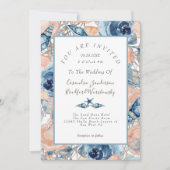 ビーチ 水彩 殻 ローズ フローラル ブルー ウェディング 招待状 (正面)