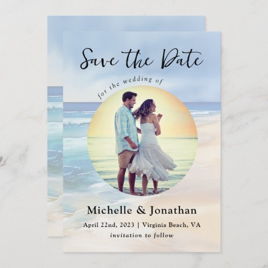 ビーチ 水彩 海の写真 キリスト教 結婚式 セーブザデート (正面/裏面)