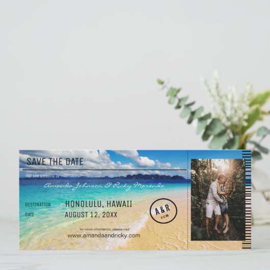 ビーチ-海の宛先と写真の保存日付 招待状 (スタンド正面)