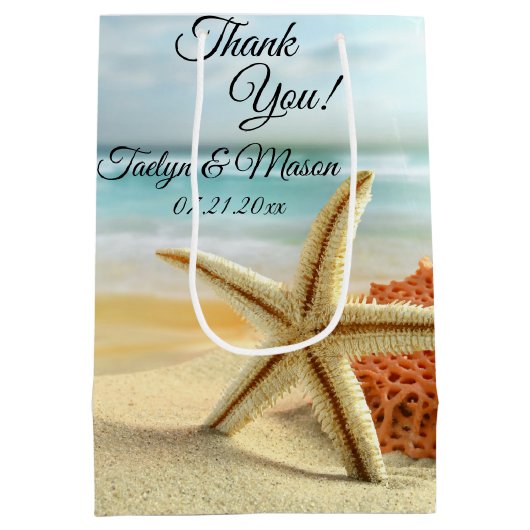 ビーチ、砂、ヒトデ結婚ィーの感謝 ミディアムペーパーバッグ (裏面)