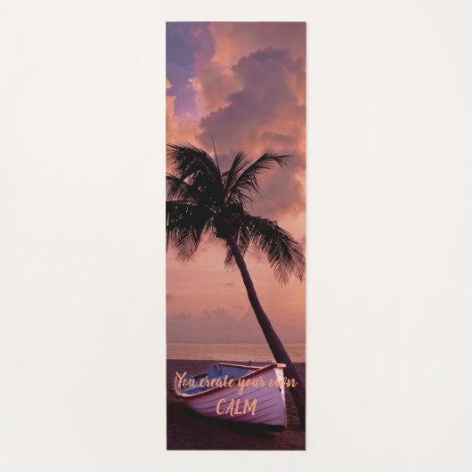 ビーチ、砂、手のひら、日没、ボートのメッセージやる気を起こさせる ヨガマット (正面)