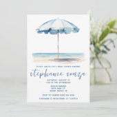 ビーチ，青と白の傘，ブライダルシャワー 招待状 (スタンド正面)
