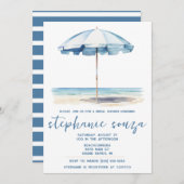 ビーチ，青と白の傘，ブライダルシャワー 招待状 (正面/裏面)