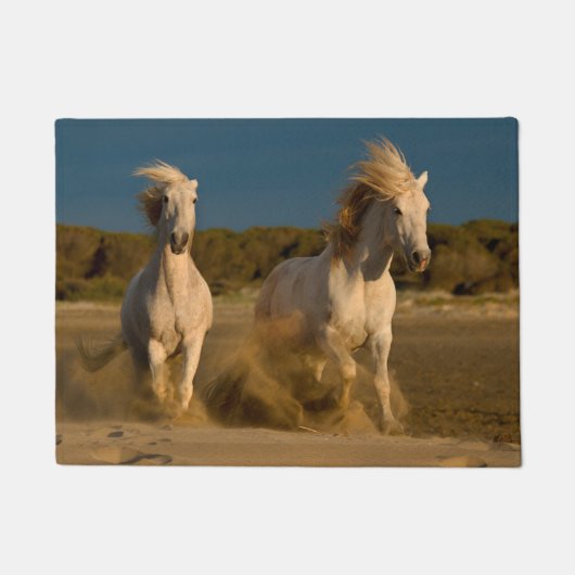 ビーチ| Camargue、フランスで走っている白馬 ドアマット (正面)