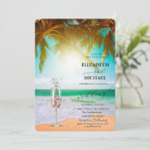 ビーチ、Palm、Sun、String Lights、Glass Script 結婚's 招待状 (スタンド正面)