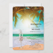 ビーチ、Palm、Sun、String Lights、Glass Script 結婚's 招待状 (正面)
