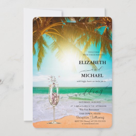 ビーチ、Palm、Sun、String Lights、Glass Script 結婚's 招待状 (正面)