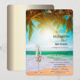 ビーチ、Palm、Sun、String Lights、Glass Script 結婚's 招待状