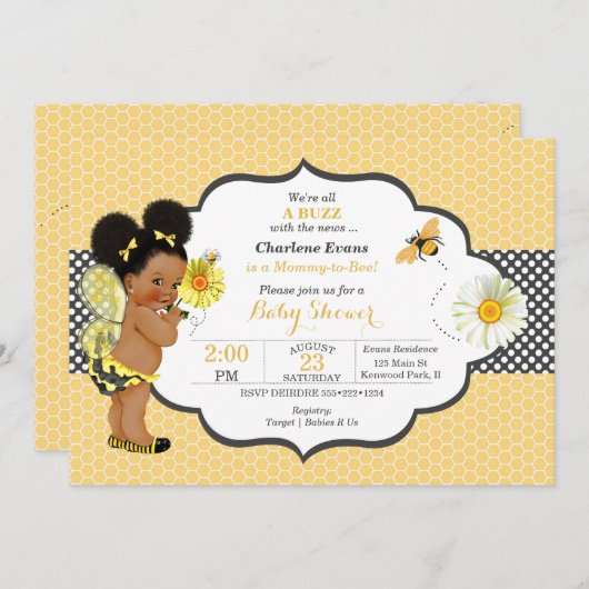 ビーテーマイエロー金ゴールドドットベビーガールパフ 招待状 (正面/裏面)