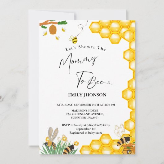 ビーテーマシャワーのママにビー赤ちゃんシャワー 招待状 (正面)