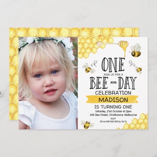 ビーテーマフォトビーデイファースト誕生日招待状 招待状 (正面/裏面)