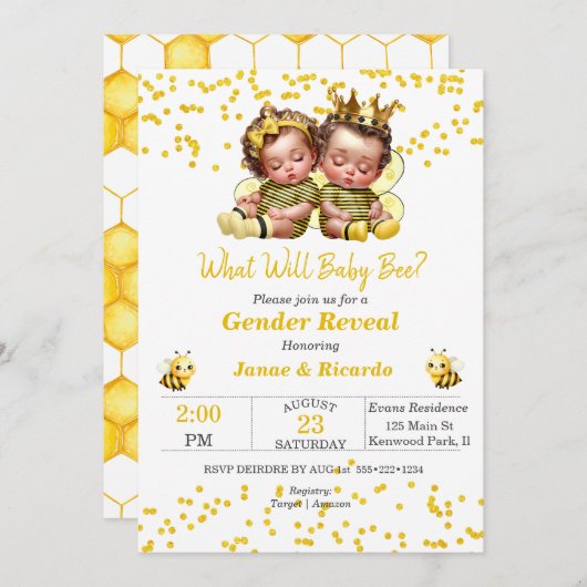 ビーテーマ男の赤ちゃんガールジェンダーリビールイエローブラック 招待状 (正面/裏面)