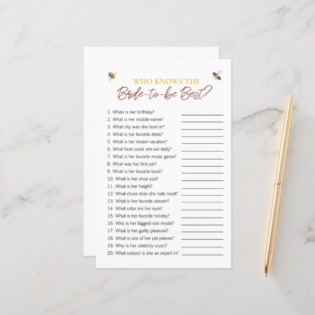 ビーテーマ「花嫁を知る人」ブライダルシャワーゲーム (正面/裏面インサイチュ)