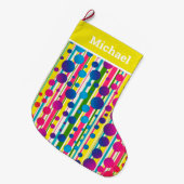 [ビートニクバブル]レトロ水玉模様ストライプのイエロー ラージクリスマスストッキング (正面 (吊り時))