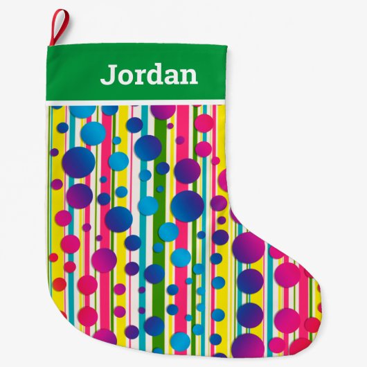 [ビートニクバブル]レトロ水玉模様ストライプのグリーン ラージクリスマスストッキング (正面)