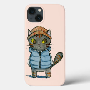 ビーニーとダウンベスト水彩付き猫 iPhone 13ケース