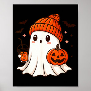 ビーニーを被ったかわいいお化けのハロウィンパンプキンコーヒー ポスター