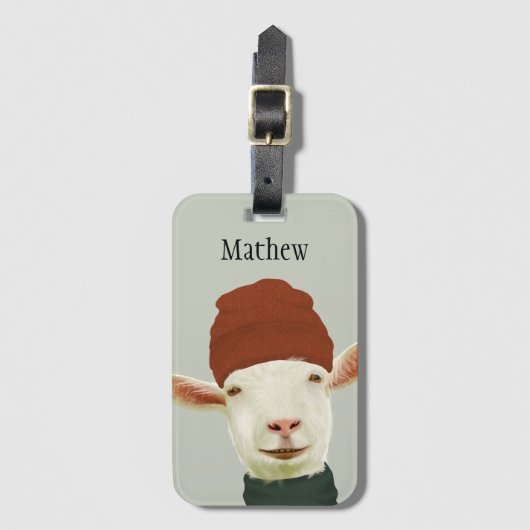 ビーニー帽とスカーフで可愛い居心地の良い冬のヤギ ラゲッジタグ (正面縦)