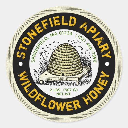 ビーハイブの養蜂名ワイルドフラワー蜂蜜の瓶シール ラウンドシール (正面)