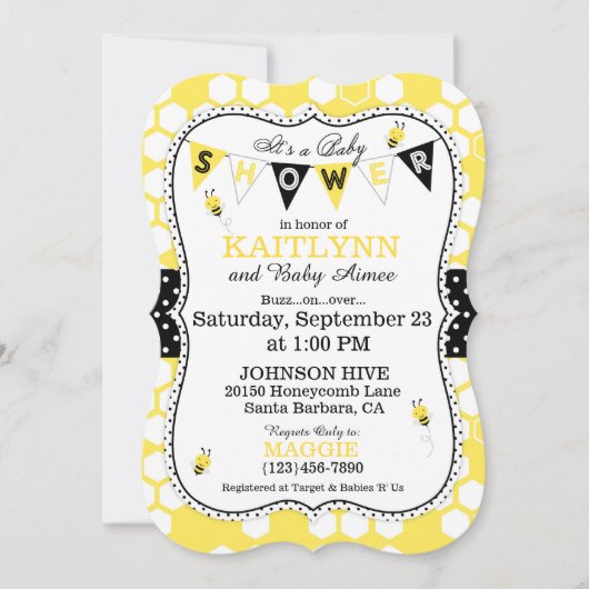 ビーハニカム水玉模様プリントベビーシャワー招待状 招待状 (正面)