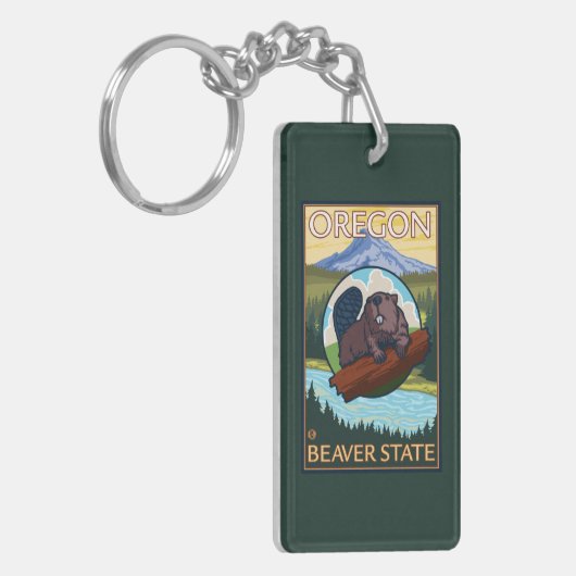 ビーバーおよび山のフード場面ヴィンテージ旅行 キーホルダー (正面左)