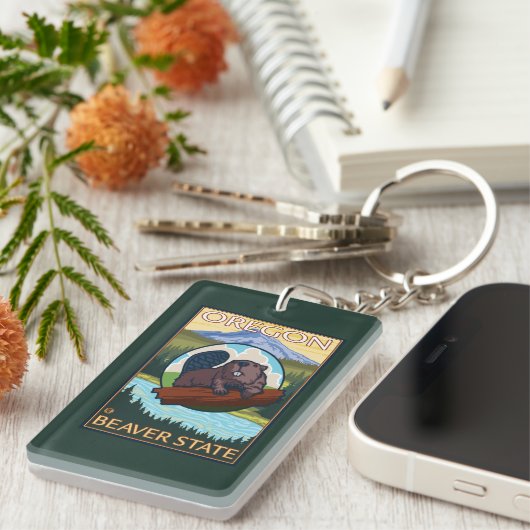ビーバーおよび山のフード場面ヴィンテージ旅行 キーホルダー (正面右)