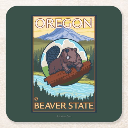 ビーバーおよび山のフード場面ヴィンテージ旅行 スクエアペーパーコースター (正面)