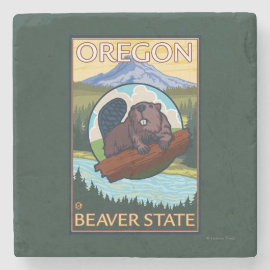 ビーバーおよび山のフード場面ヴィンテージ旅行 ストーンコースター (正面)